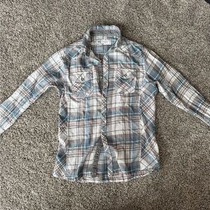 Buckle Plaid Button-Down Shirt - Blue and White